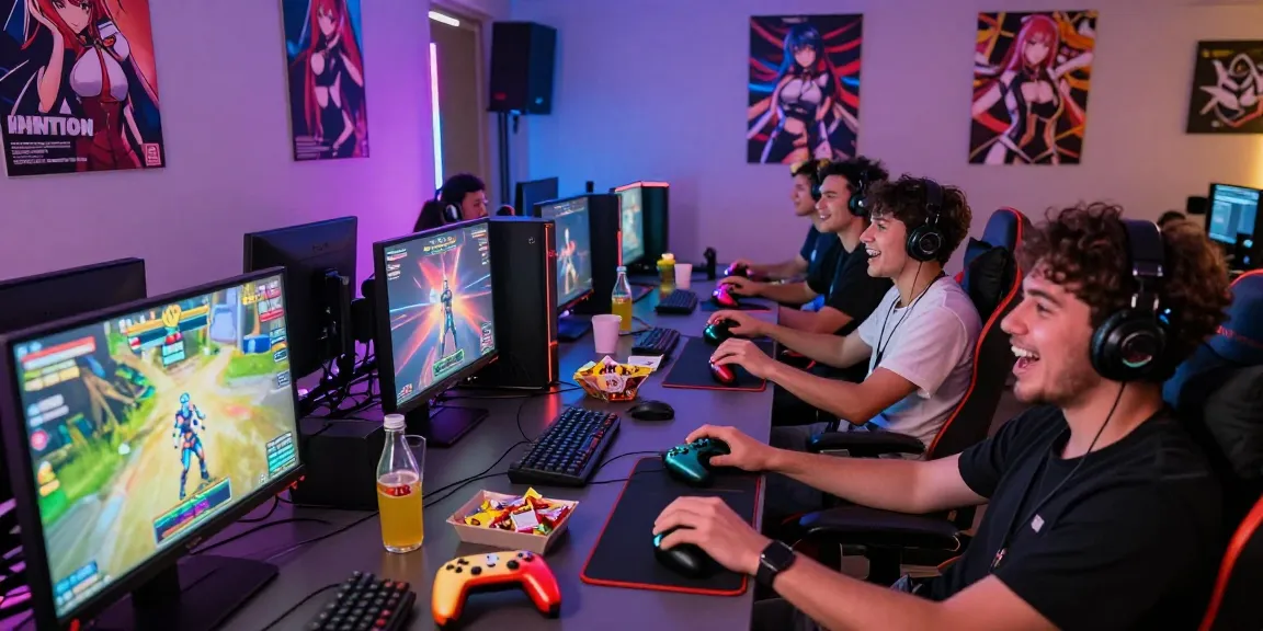 Players enjoying real ecchi games in a vibrant gaming lounge with colorful LED lights and interactive screens.