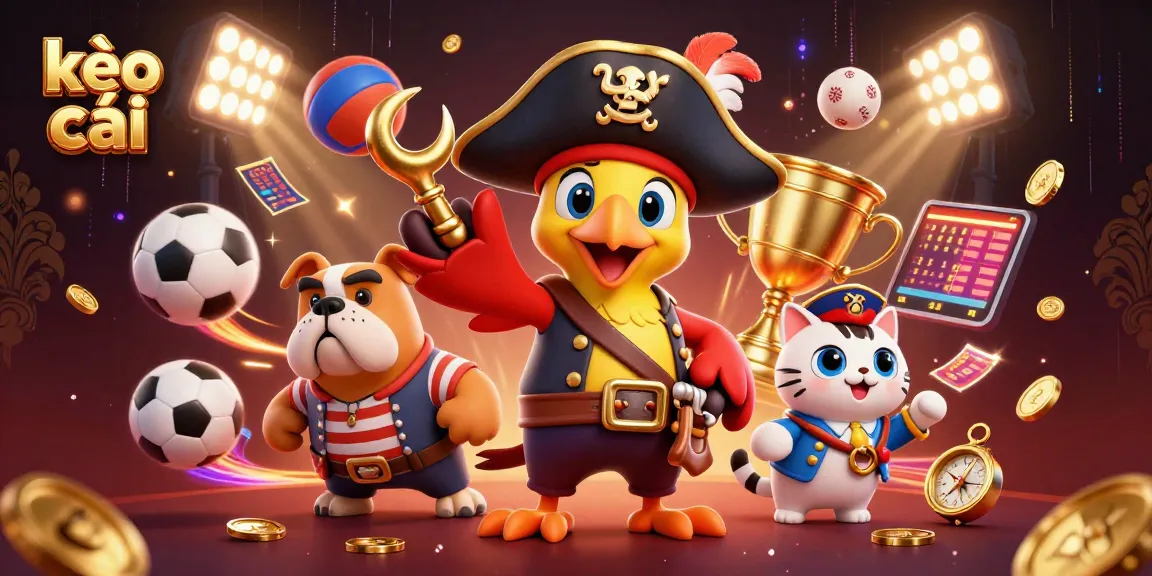 Engage with kèo nhà cái amidst dynamic sports elements featuring a pirate, dog, and cat in a 3D illustration.