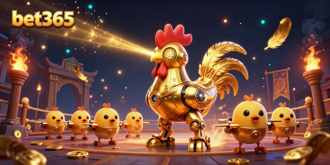 Experience bet365's thrilling gaming atmosphere with a golden rooster robot and baby chick drones amidst vibrant casino visuals.