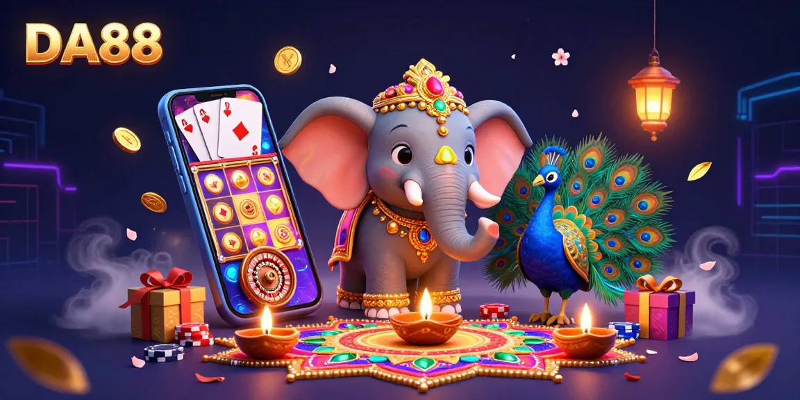 Engage with DA88 as cartoon characters illuminate a vibrant casino scene filled with slots and festive decor.