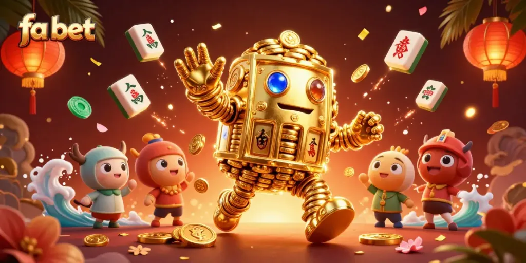 Experience thrilling entertainment at fa bet with a dynamic golden golem surrounded by vibrant casino elements.