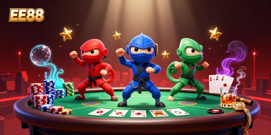 Experience dynamic poker action with EE88's vibrant ninja chameleon team in a thrilling casino setting.