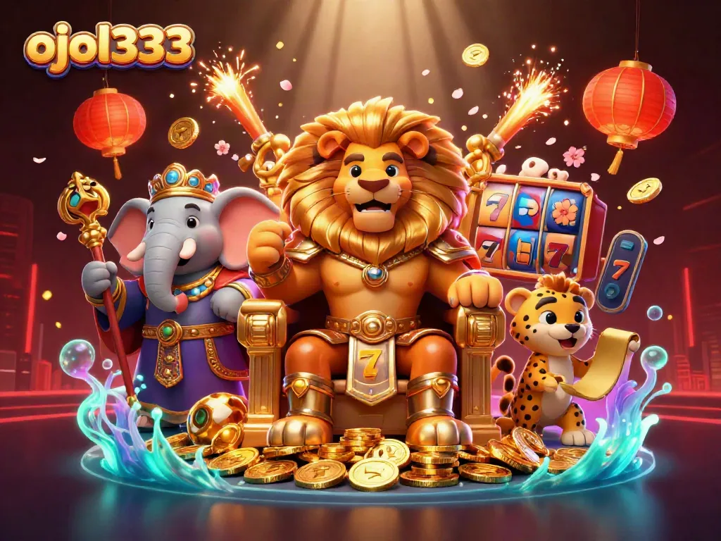 Engage with ojol333's thrilling atmosphere featuring a lion king among vibrant slot reels and festive decorations.