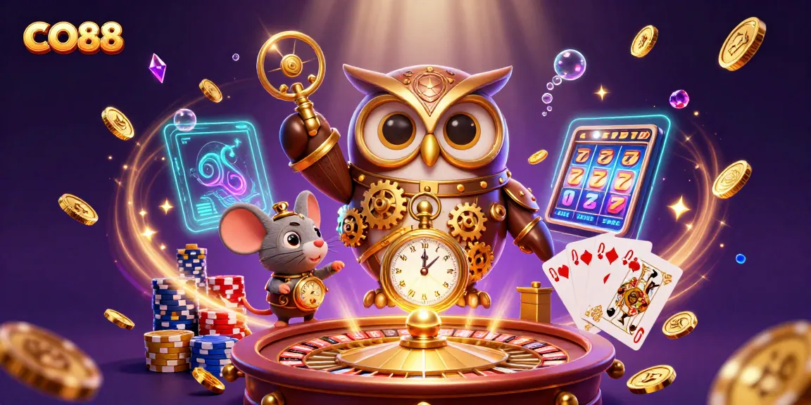 Experience exciting CO88 gameplay with a whimsical time-traveling owl in a vibrant casino scene.
