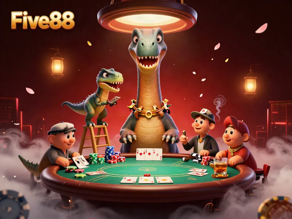 Five88's casino scene featuring a cartoon brontosaurus, raptor dealer, poker table, and colorful chips.
