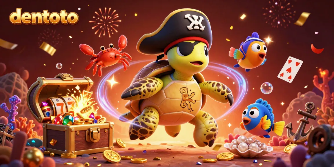Dive into dentoto's world with a vibrant 3D cartoon scene showcasing a treasure-hunting turtle and exciting slot games.