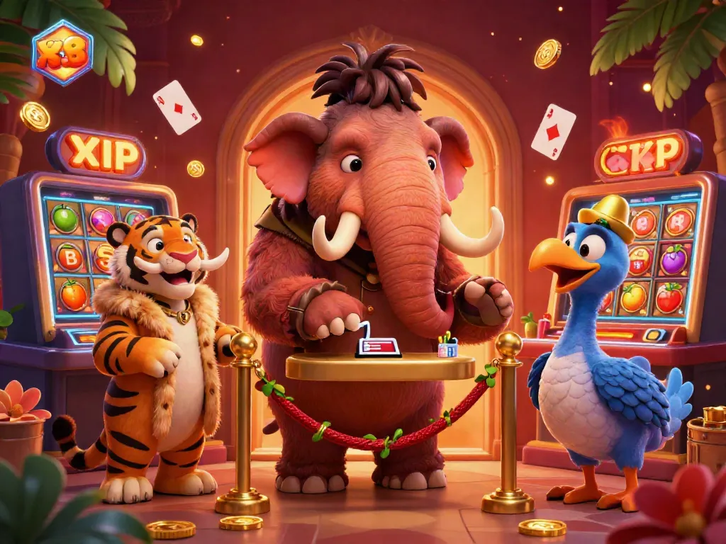 X88 casino scene with a woolly mammoth bouncer, saber-tooth tiger guest, and dodo bird doorman.