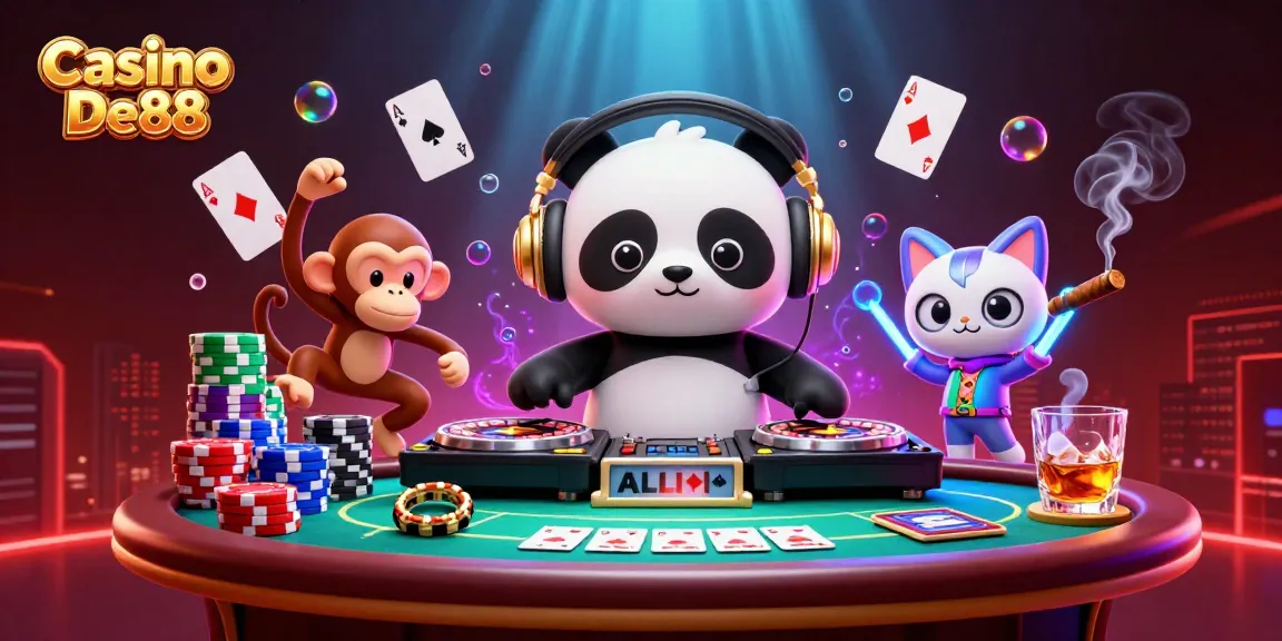 Experience thrilling action at Casino De88 with a DJ panda and breakdancing monkey in a vibrant casino scene.