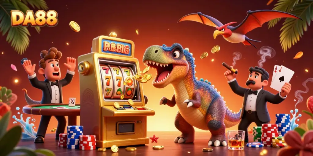 DA88 pachycephalosaurus celebrating a jackpot win with a panic-stricken ankylosaur and a swooping pteranodon.