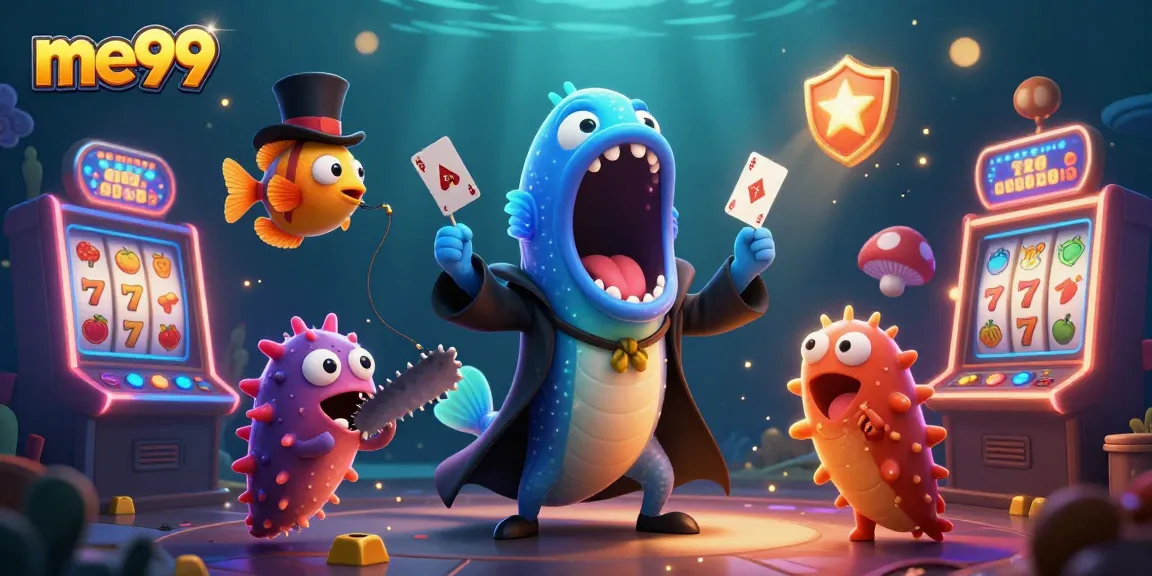 Experience thrilling slots with me99 featuring bioluminescent characters amid vibrant casino elements.