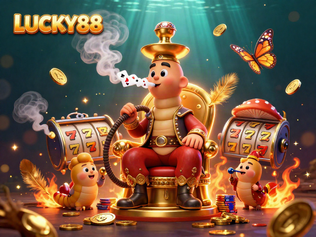 Play exciting LUCKY88 slot games surrounded by whimsical characters and vibrant casino elements.