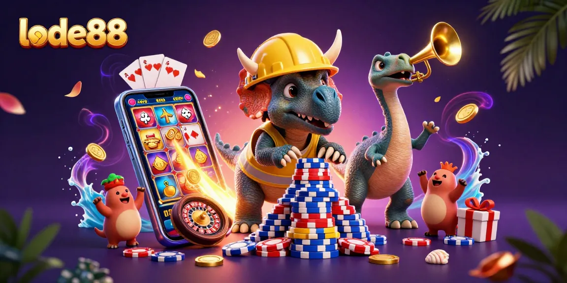 Experience vibrant gameplay with lode88 as a triceratops builds poker chip pyramid amidst colorful casino elements.