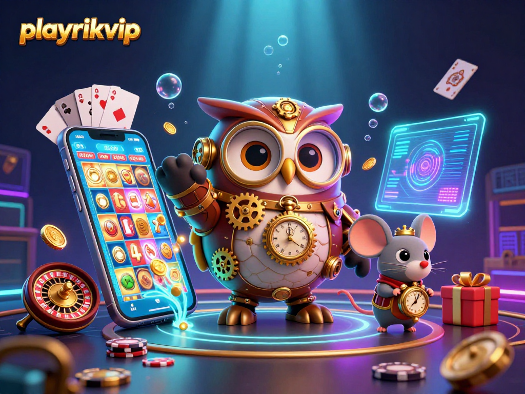 Engage with playrikvip's rich casino world through a vibrant 3D illustration showcasing gameplay excitement.