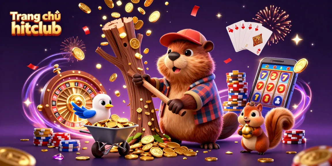 Engage with the casino excitement on Trang chủ hitclub, featuring a vibrant scene of playful characters amidst cascading coins and gaming elements.