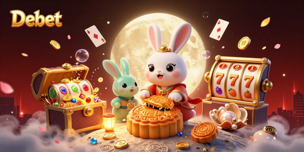 Engage with Debet's thrilling casino world featuring cartoon rabbits, golden mooncakes, and dazzling slot reels.