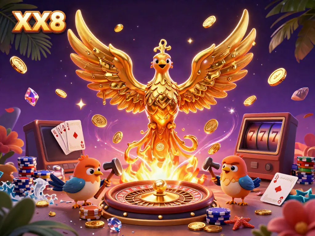 Experience the richness of XX8 with a stunning illustration of a golden phoenix amidst casino elements.