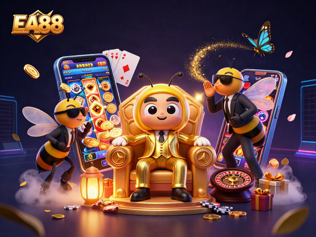 Engage in thrilling casino gameplay with EA88-themed 3D characters and vibrant gaming elements.