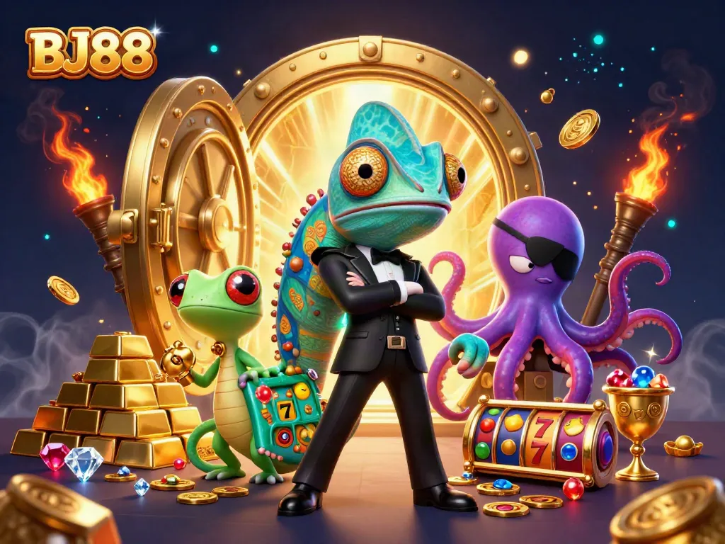 BJ88 casino scene with cartoon characters engaging in slots and treasure hunting, filled with gold and gems.