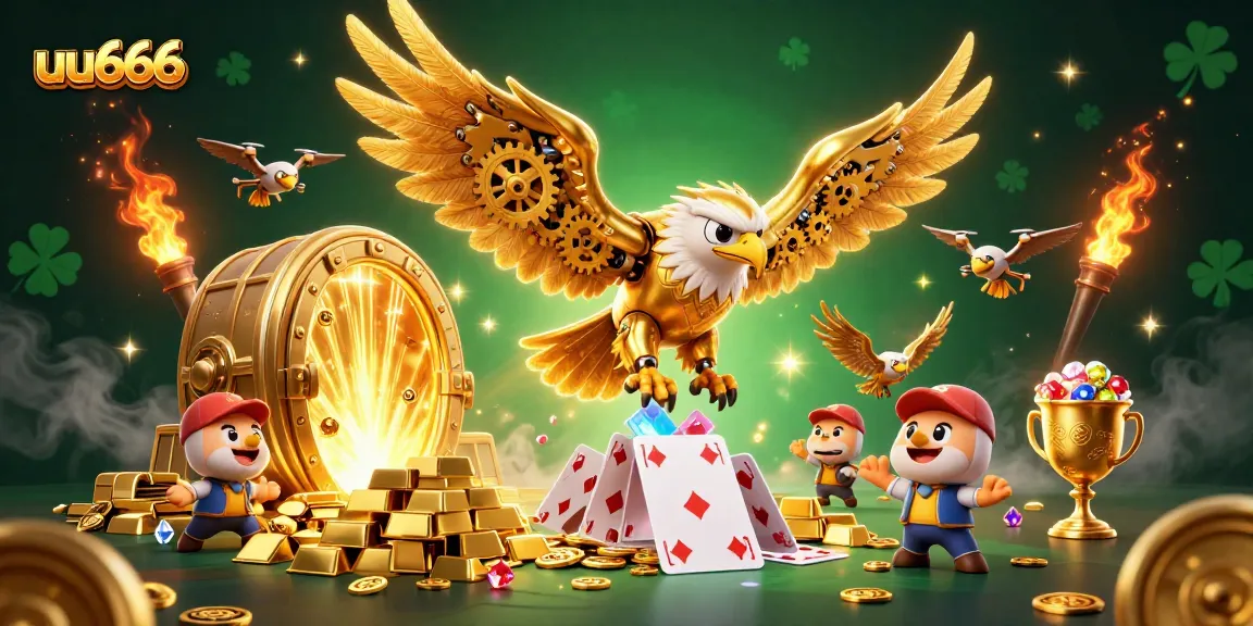 Experience the thrilling uu666 casino dive with a golden eagle amid treasures and holographic games.