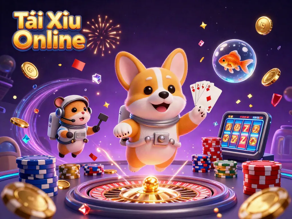 Engaging Tài Xỉu Online scene with a floating corgi, hamster, and goldfish amidst casino elements.