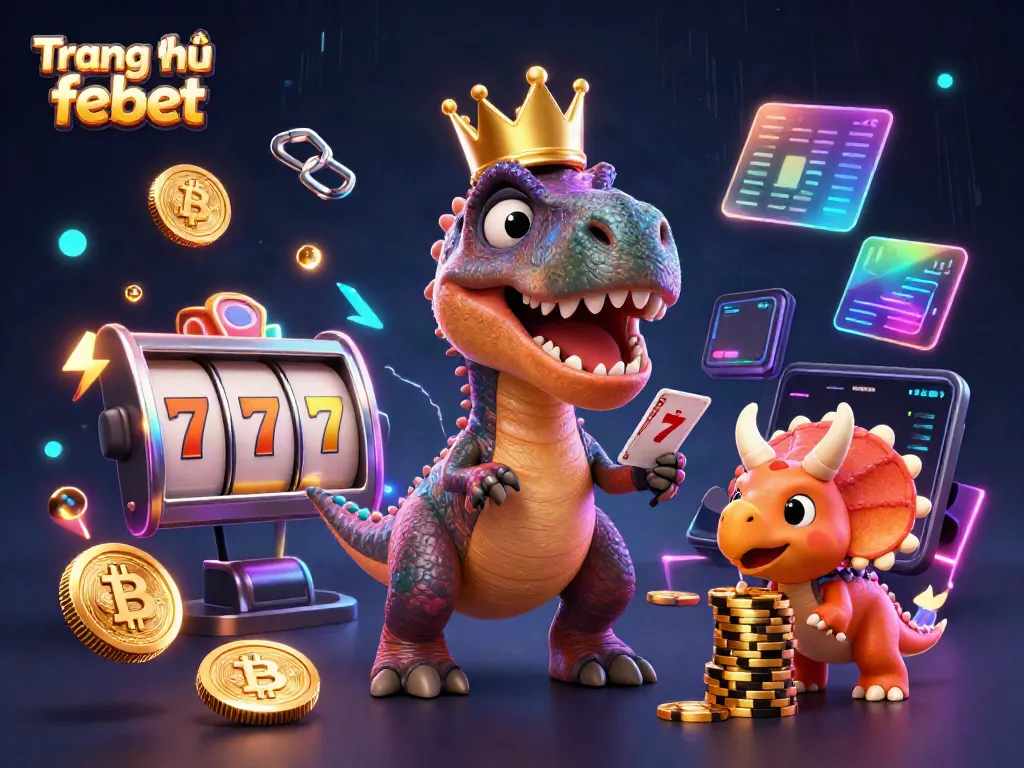 Engaging scene featuring a T-Rex shuffling cards at the Trang chủ febet online casino, rich with gaming elements.