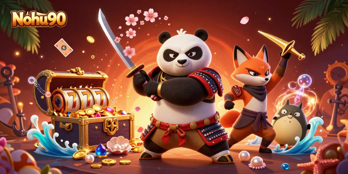 Nohu90 offers exciting slots with a dynamic scene featuring a samurai panda, ninja fox, and magical tanuki.