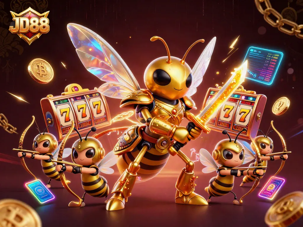 JD88 online casino animated scene with a golden hornet and vibrant gaming elements