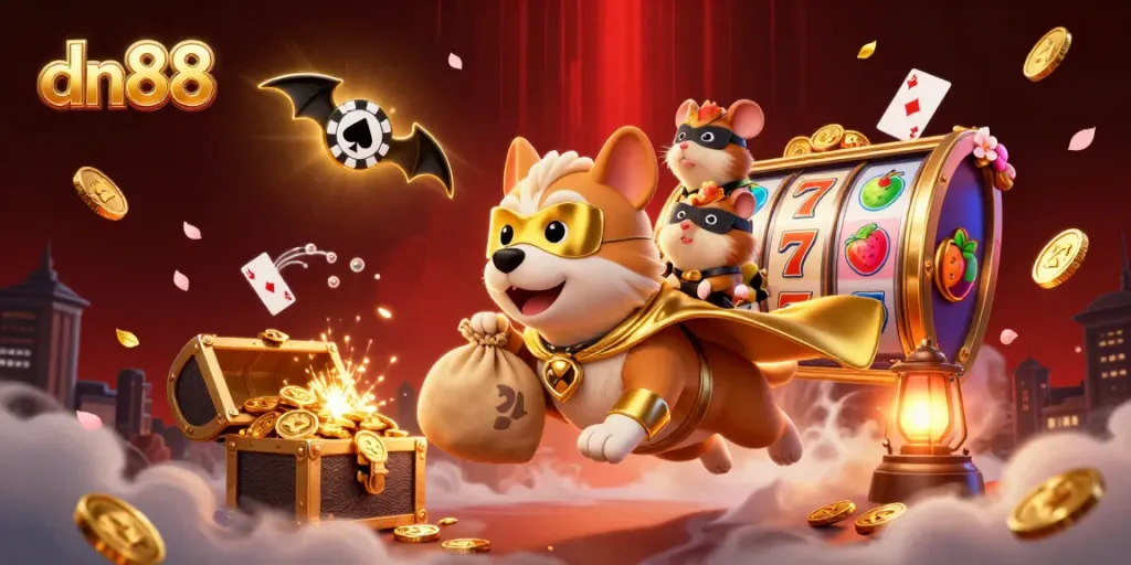 Engage with dn88 as a cartoon superhero dog flies with gold coins amidst vibrant casino elements.