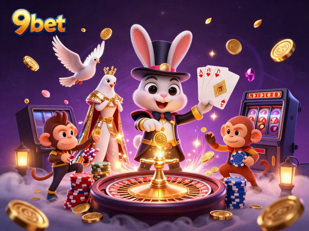Experience the thrill of winning with 9bet's magical casino scene featuring playful characters and casino elements.