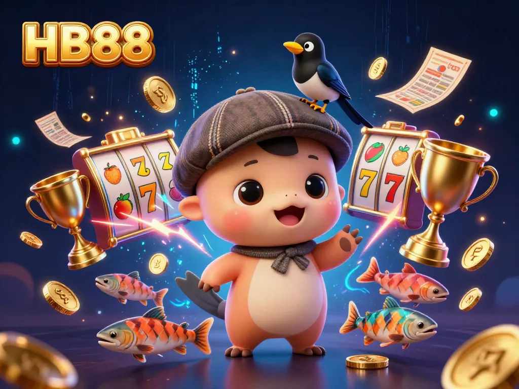 Experience the magic of HB88 with playful cartoon characters amidst vibrant casino elements.