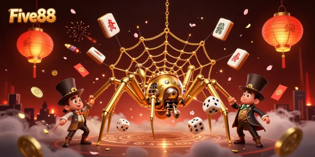 Five88's luxurious gaming world comes alive with a steampunk spider and vibrant casino elements.