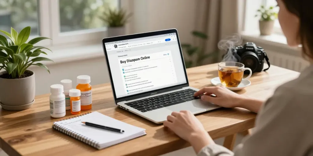 Buy Diazepam Online in a cozy home office with a laptop displaying a pharmacy site.
