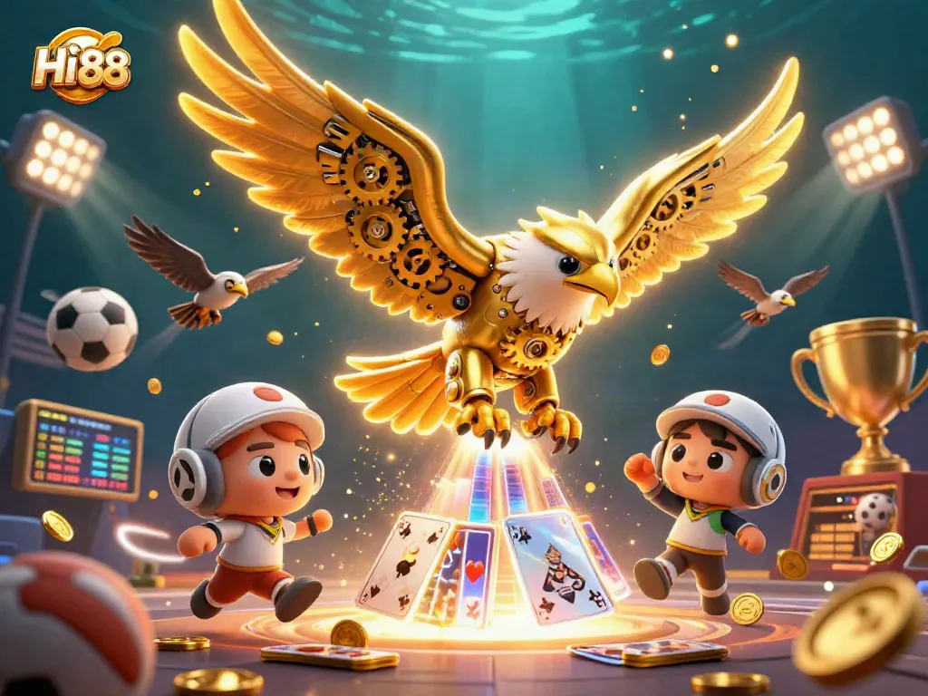 Hi 88 engages players with an energetic scene featuring golden eagle and flying sports elements.