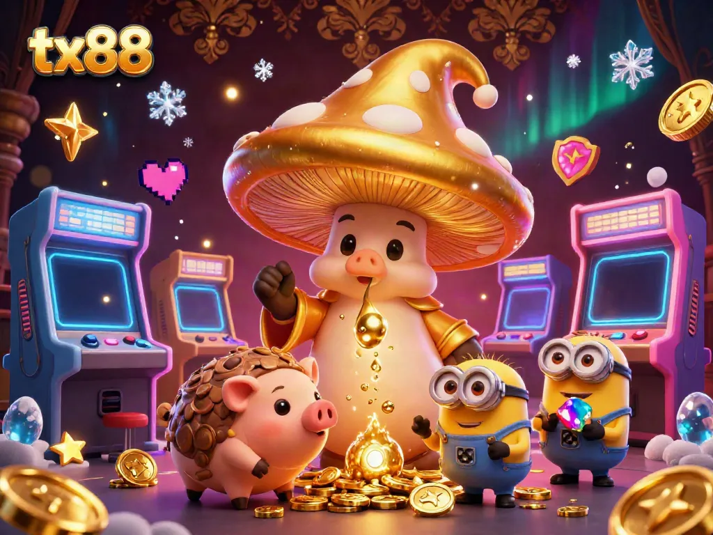 Experience the magic of tx88 in this vibrant casino scene with golden wizard characters, treasures, and gaming elements.