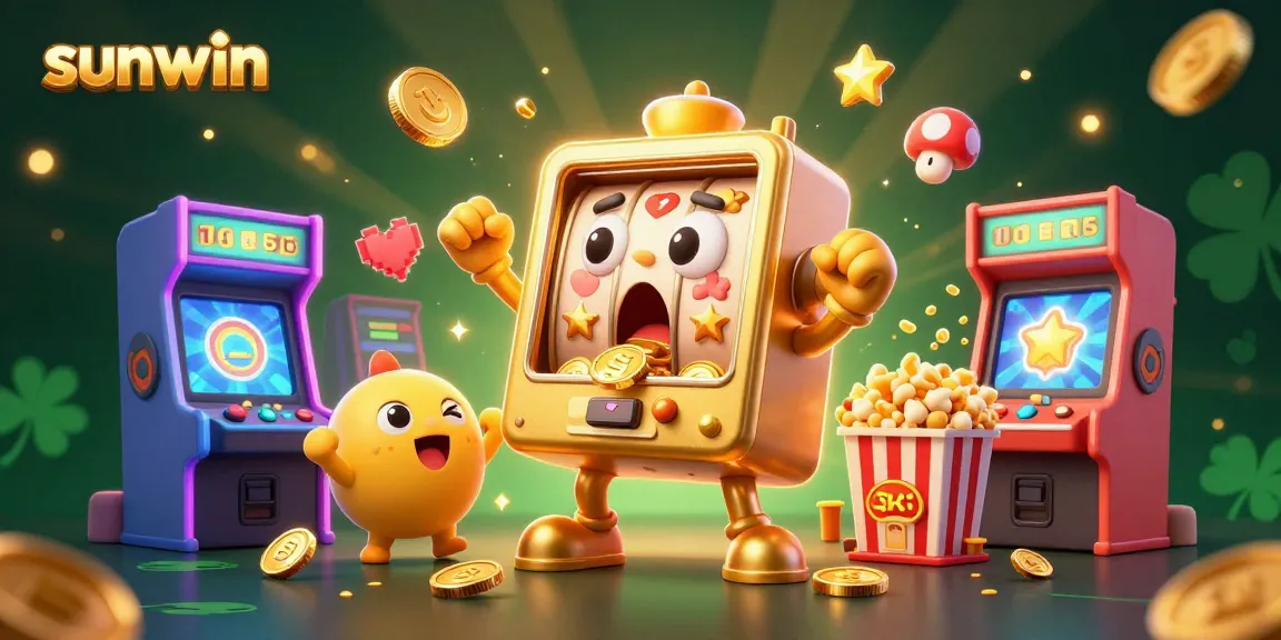 Experience excitement with sunwin as a golden slot machine hits a jackpot, surrounded by cheering machines.