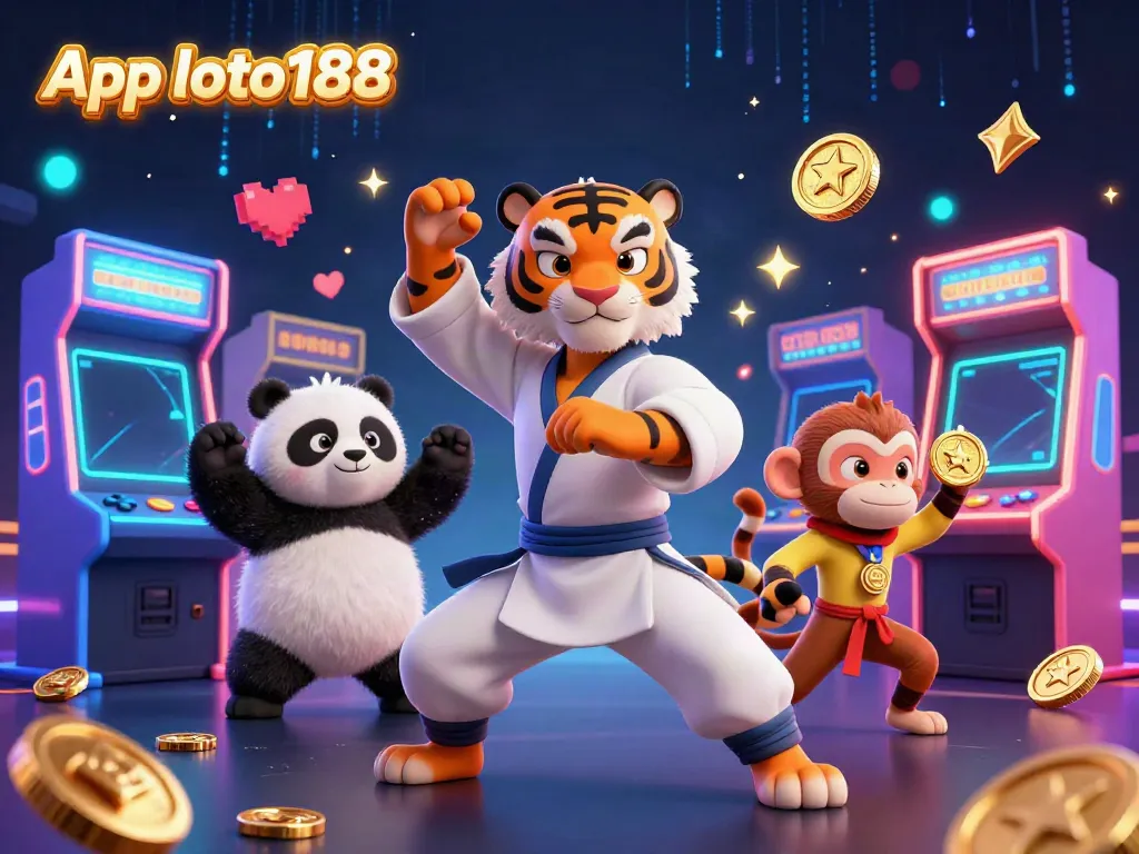 Experience the excitement of App loto188 with a vibrant illustration of gaming characters amidst casino elements.