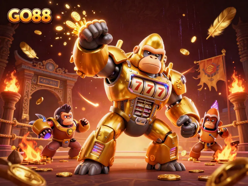 Win big with GO88 in this dynamic 3D casino battle featuring a gorilla mech and vibrant elements.