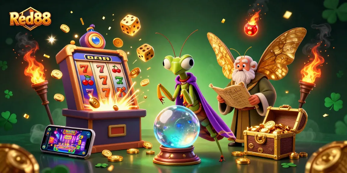 Experience thrilling wins at Red88 with vibrant 3D casino elements including slot machines and fortune tellers.