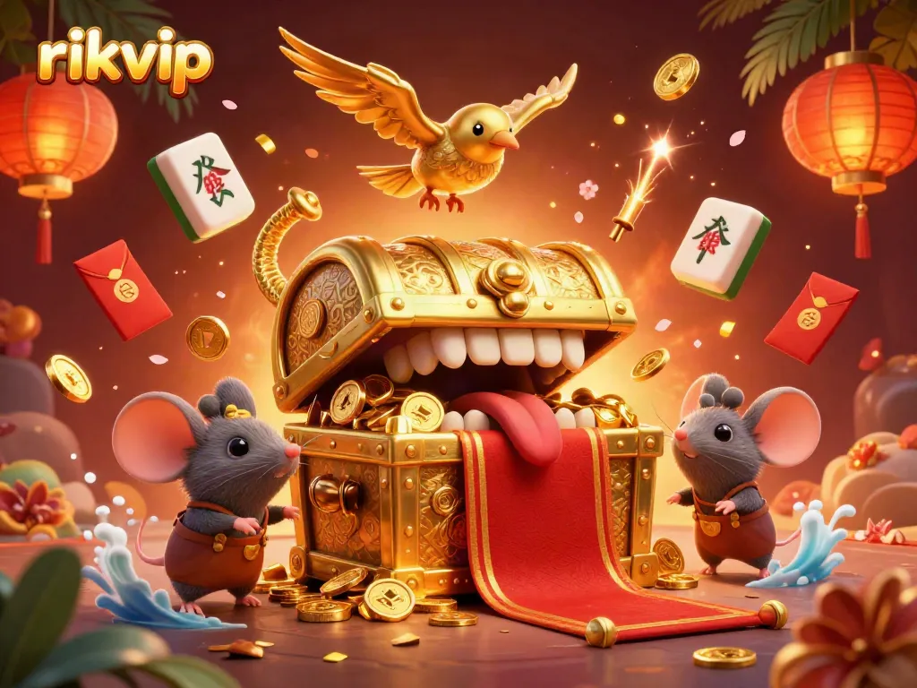 rilvip's captivating treasure hunt scene showcases a cartoon chest luring adventurer mice amid shimmering golden elements.