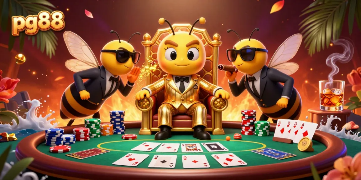Engage with pg88's vibrant poker world featuring a buzzworthy bumblebee mob boss, colorful chips, and a royal flush.