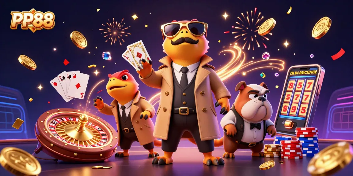 Experience PP88 excitement with raptors in a trench coat entering a VIP casino lounge.