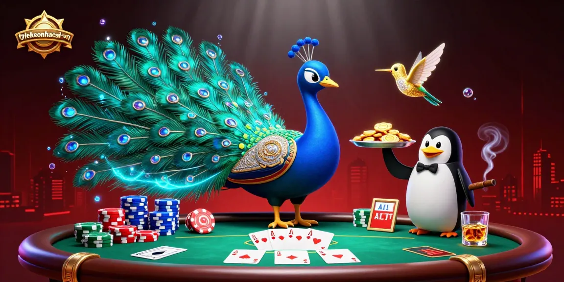 Engage with tylekeonhacai-vn's vibrant poker scene, showcasing a peacock, butler penguin, and hummingbird amid dynamic gameplay.