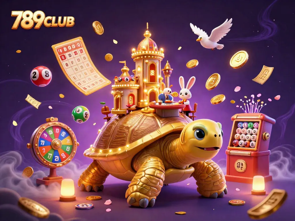 This vibrant scene features 789CLUB with a golden tortoise casino, a rabbit dealer, and dynamic gambling elements for an exciting gaming experience.