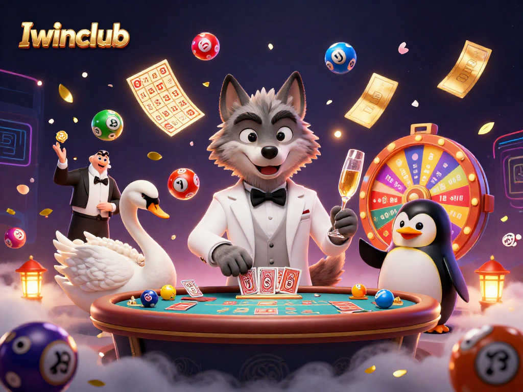 Iwinclub showcases a vibrant casino scene with a debonair wolf, elegant swan dealer, and penguin sommelier.