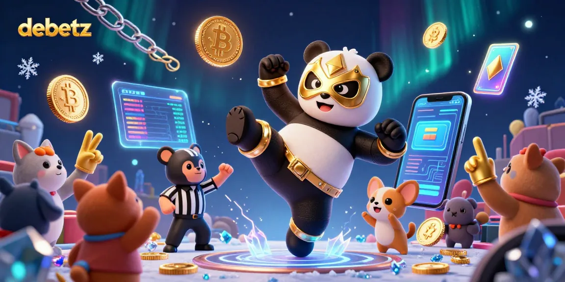 Engage with debetz in a vibrant casino scene featuring a wrestling panda, crypto coins, and cheering animal fans.