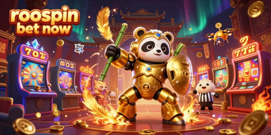 Engage with roospin bet now on a vibrant casino scene featuring a golden panda in action.
