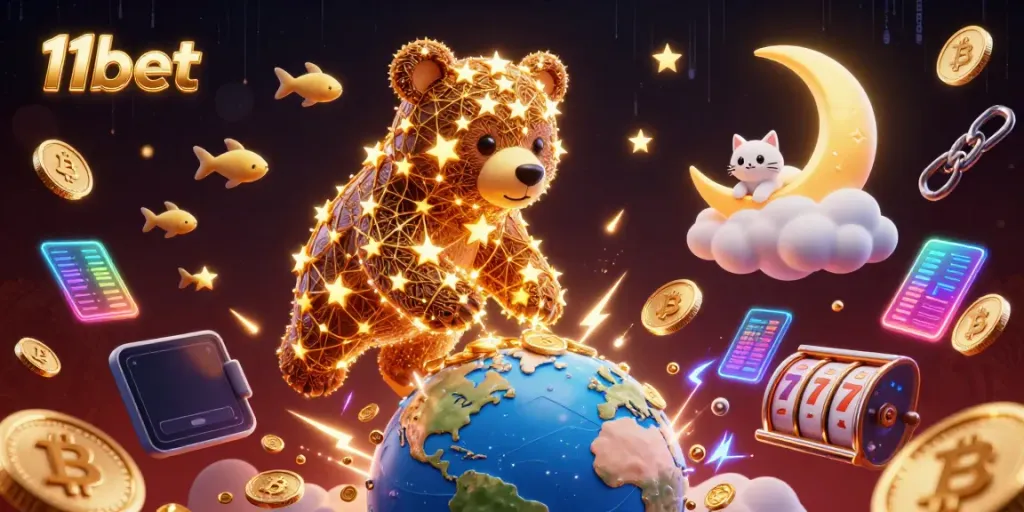 Win more with 11bet: A constellation bear scoops coins in a vibrant casino scene.