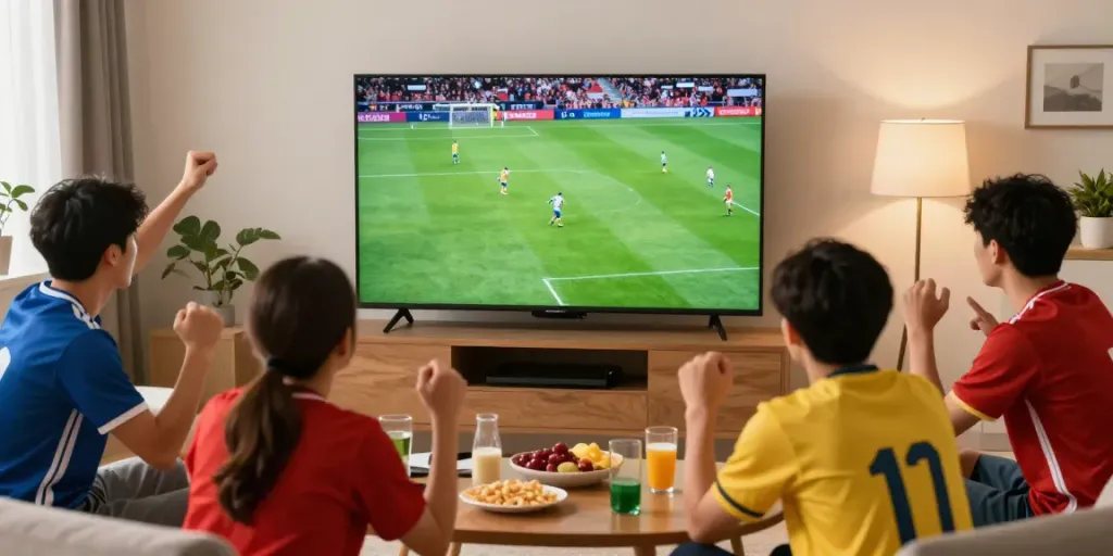 Gavangtv fans enjoying live soccer in a vibrant home party setting.