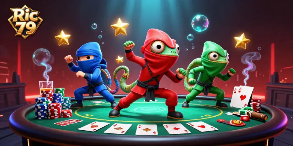 Engage with Ric 79 in an action-packed 3D scene of ninja chameleons and poker elements.