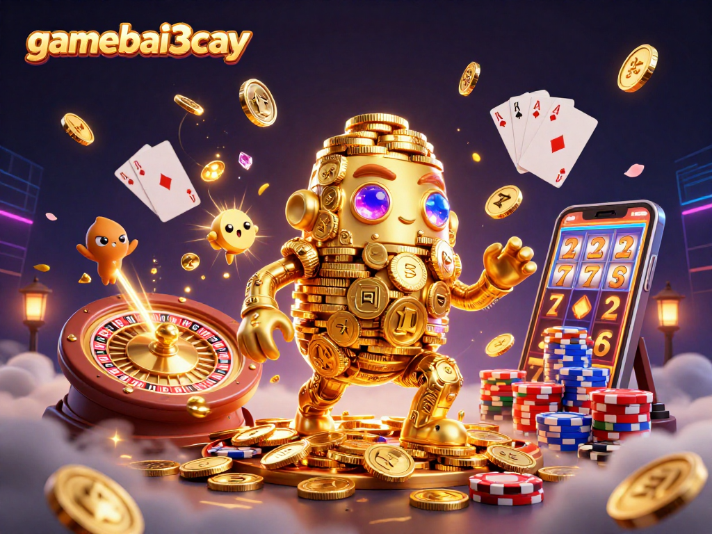 Experience gamebai3cay's vibrant atmosphere with golden golem, coins, and roulette in action.